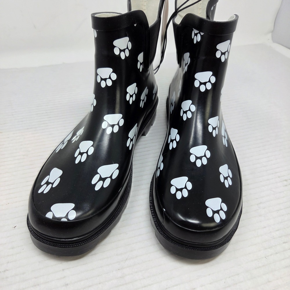 Norty Rain Boots Women 8 Black Paw Print Waterproof Chelsea Lug Sole 654 NWT - Picture 4 of 16